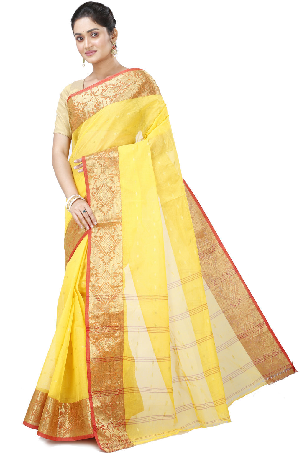 Yellow Pure Cotton Gopa Tant Saree (928)
